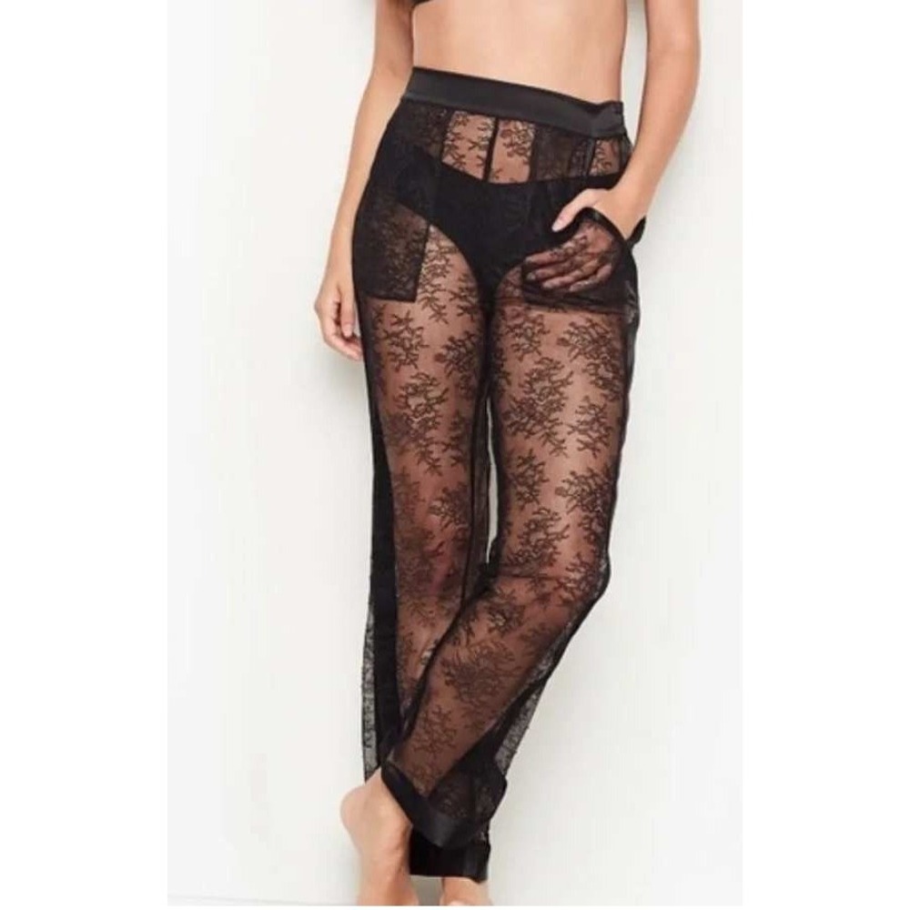 Victoria's Secret Tuxedo Black Rose Sheer Lace Satin Trim Lounge Pants Large NWT